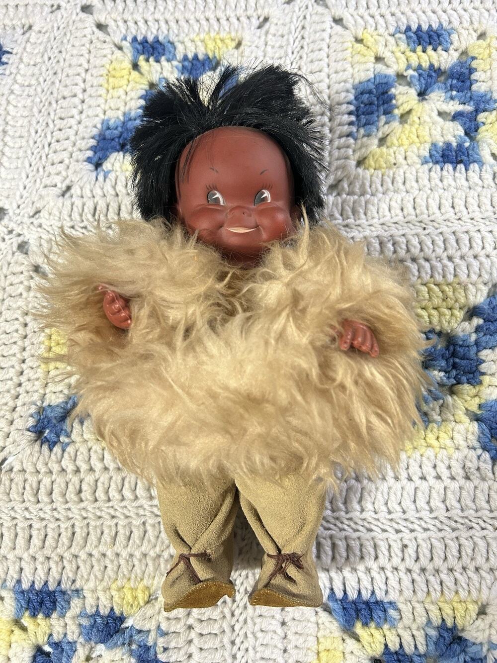 Vintage Inuit Eskimo Rubber Face Doll Leather Clothes 11 Inch 1960s